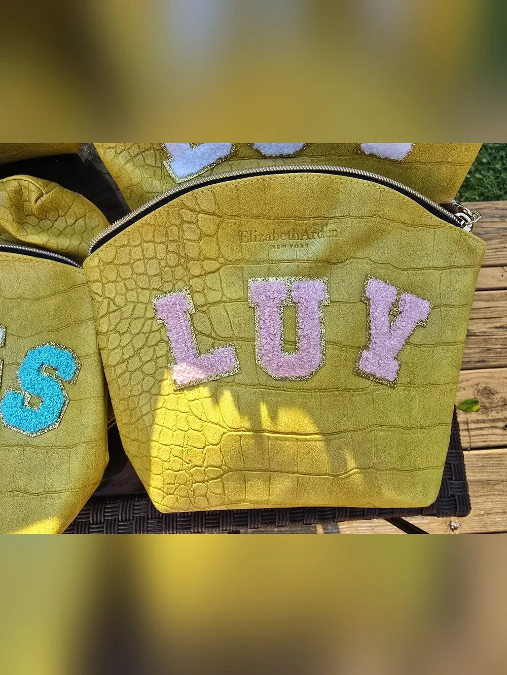 Elizabeth Arden Yellow 'KIND' & 'MESS' Embroidered Cosmetic Pouch